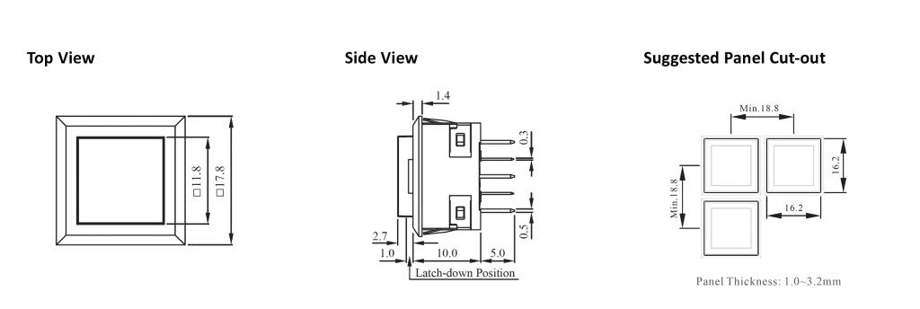 drawing for SPC Square, led push button, rjs electronics ltd