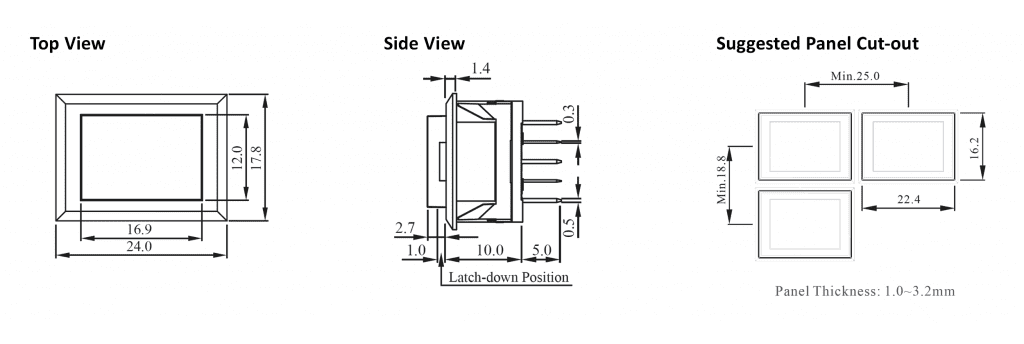 Drawing for SPC Rectangular push button with led switch, rjs electronics ltd