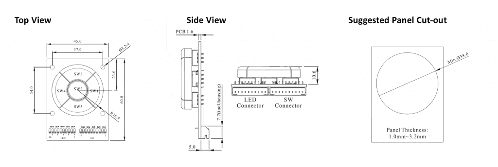 Drawing of SPD5K Navigation Switch with central Push Button function, module with tactile momentary switches, custom led illumination, rjs electronics ltd