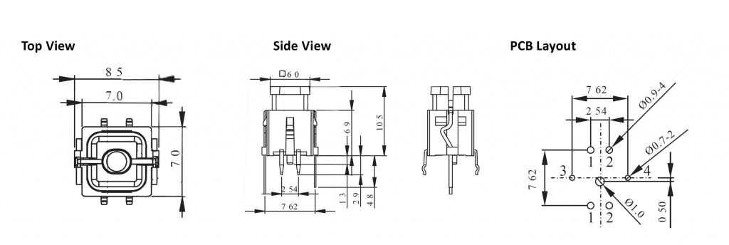 Drawing of SPH2T tactile led illuminated push button switch, rjs electronics ltd