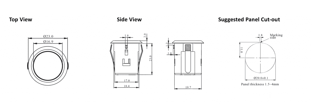 Drawing of SF20EA navigation switch drawing, momentary push button function, led illumination, rjs electronics ltd