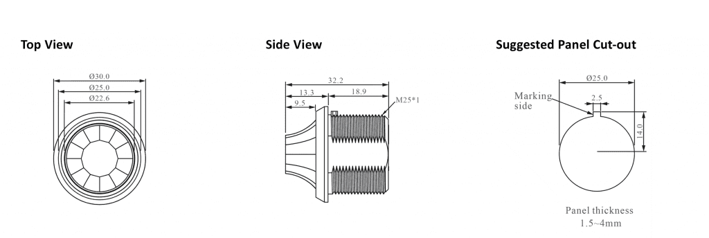 Drawing of SF25BA Multifunctional Rotary Encoder with central Push Button, 360 rotation, rjs electronics ltd