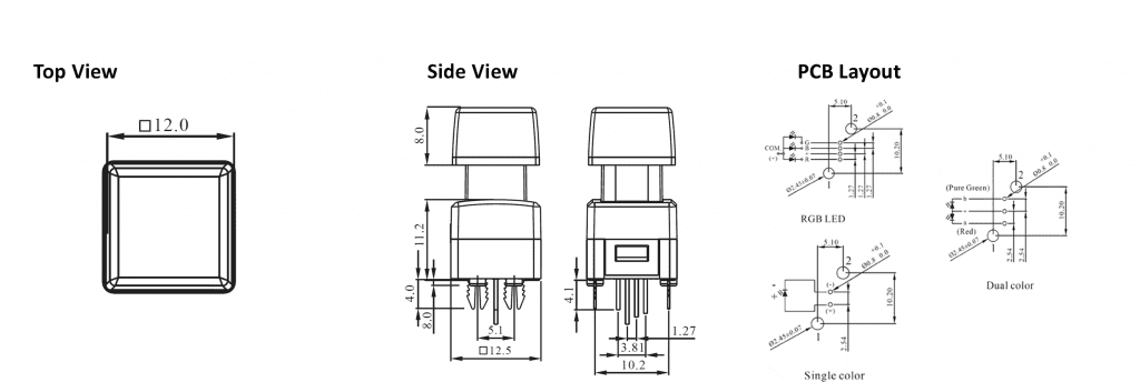 Drawing of SPG3 (12mm Flat) LED illuminated PCB Push Button Broadcast switch, rjs electronics ltd