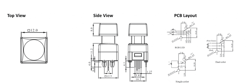 Drawing of SPG3 (12mm² Concave) LED illuminated PCB Push Button Broadcast switch, rjs electronics ltd