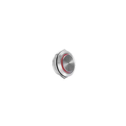 12mm low profile switch, panel mount push button switch, ring led illumination red colour, brushed steel material, high head, rjs electronics ltd