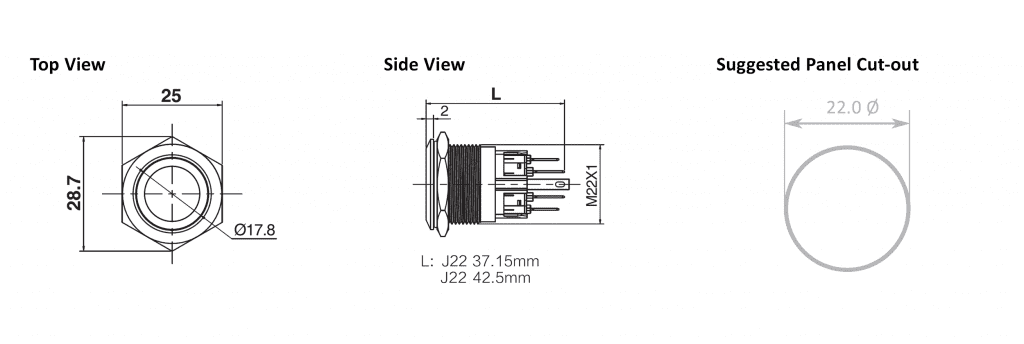 22mm antivandal push button drawing, rjs electronics ltd