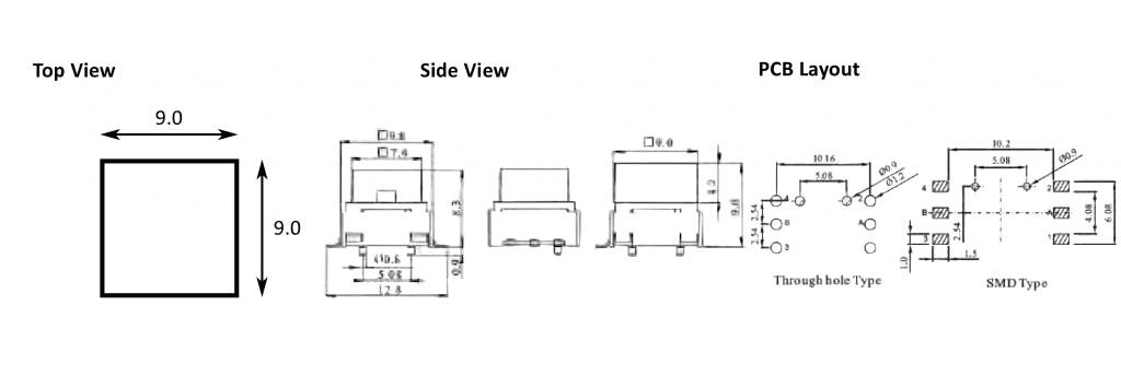 Drawing for spdkt push button switch, rjs electronics ltd