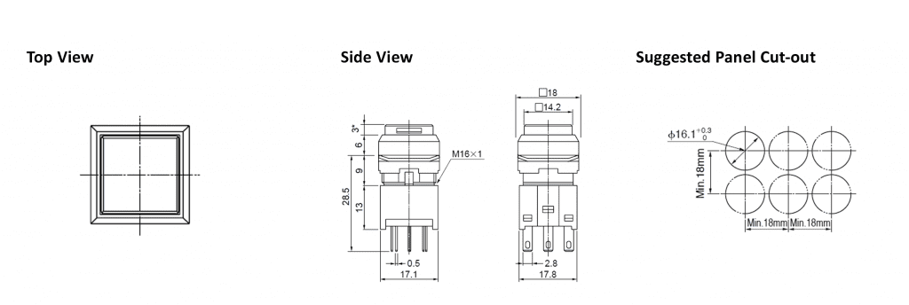 1398. KH Square - specfications - Sqaure, Momentary Pushbutton Switch or Latching Pushbutton Switch, plastic, push button switch with LED illumination, panel mount, RJS Electronics Ltd.