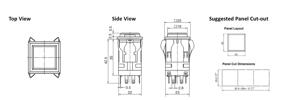 drawing for led button WH Square push button, rjs electronics ltd