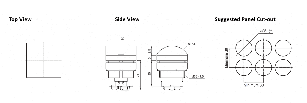 drawing for square domed led illuminated indicator, panel indicator, rjs electronics ltd