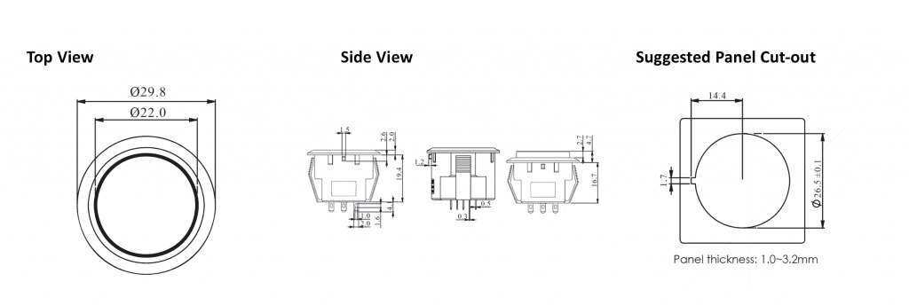 technical drawing for SPCG led illuminated push button switch, rjs electronics ltd