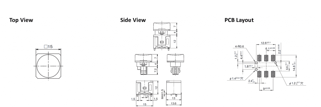 RJS KA 15mm led push button switch, technical drawing, rjs electronics ltd