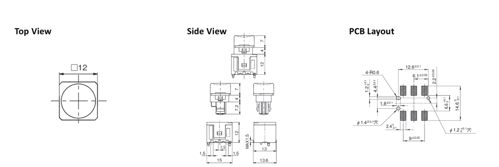 KA 12mm led push button switch, technical drawing, rjs electronics ltd