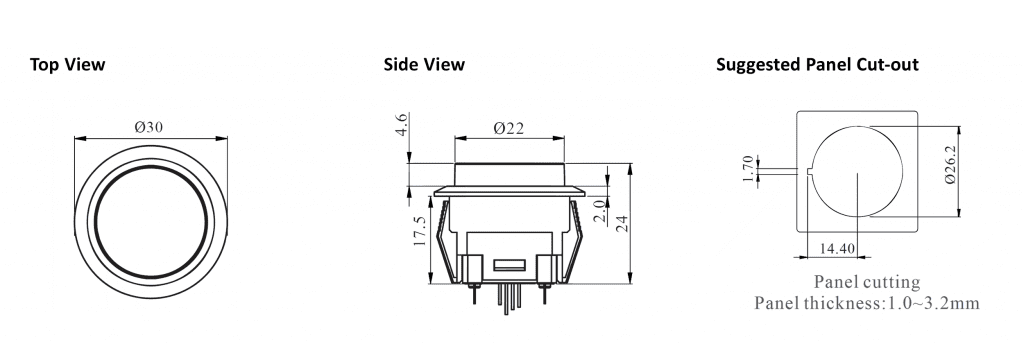 Broadcast switch with led illuminated button, technical drawing, rjs electronics ltd