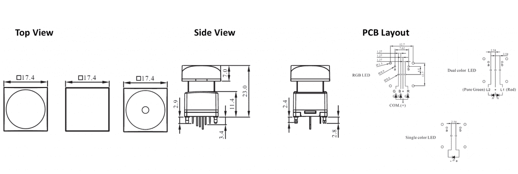 SPG Series 17.4mm square illuminated push switch, technical drawing, rjs electronics ltd