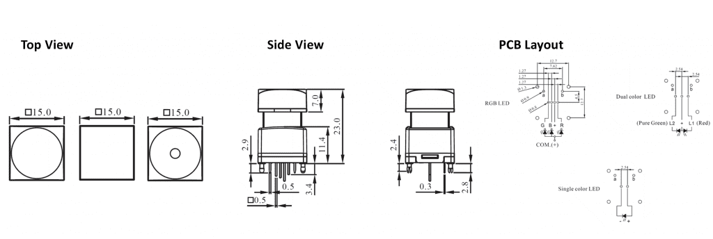 Drawing of SPG1 / SPG2 Square push button broadcast switch, momentary function, led illuminated, led switches, RJS Electronics Ltd