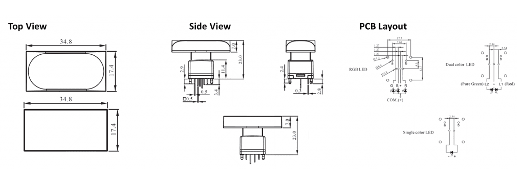 Drawing of SPG1 / SPG2 Rectangle push button broadcast switch, led illuminated, led switches, momentary function, RJS Electronics Ltd