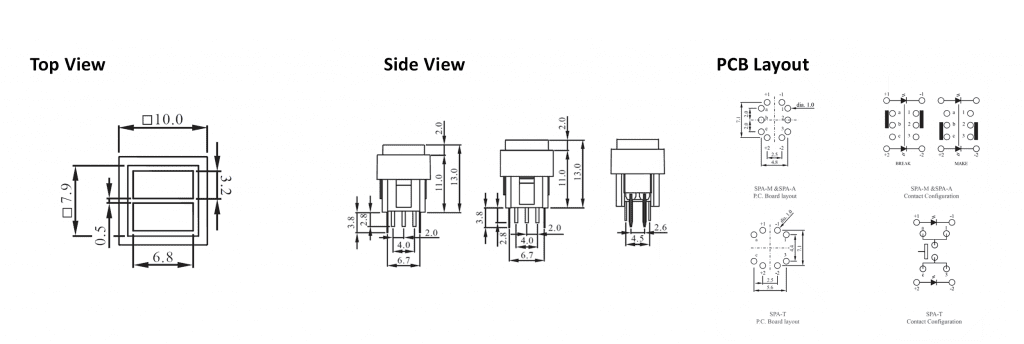 Drawing of SPA led illuminated push button switch, led switches, split face, two window with dual colour illumination, RJS Electronics Ltd