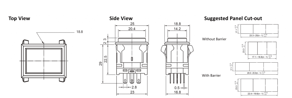 drawing for led push button switch, EH, rjs electronics ltd