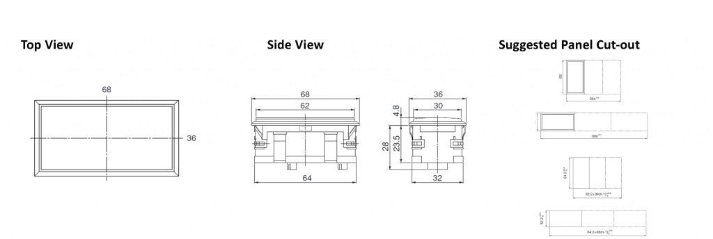 drawing for rectangular led push button switch, rjs electronics ltd