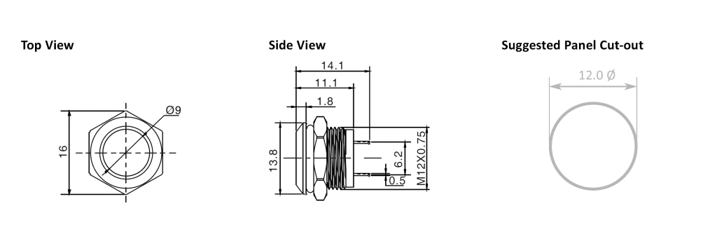 Drawing for led metal push button switches, rjs electronics ltd