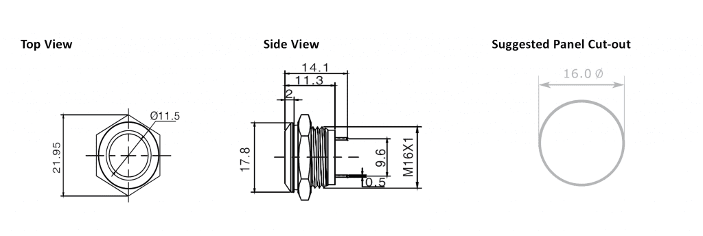 Drawing for led push button switch 16mm antivandal, rjs electronics ltd