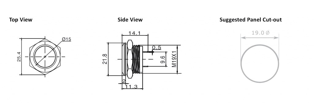 RJS1N1LP 19MM PUSH BUTTON METAL SWITCH technical drawing