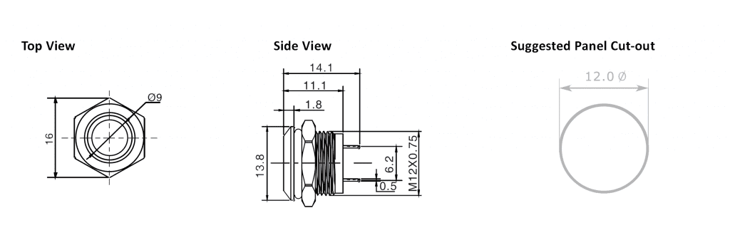 Drawing for 12mm antivandal push button switch, with LED illumination, rjs electronics ltd