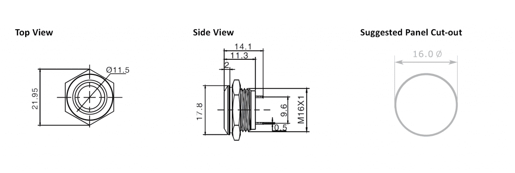 Drawing for 16mm antivandal switch with led ring illuminated button, rjs electronics ltd