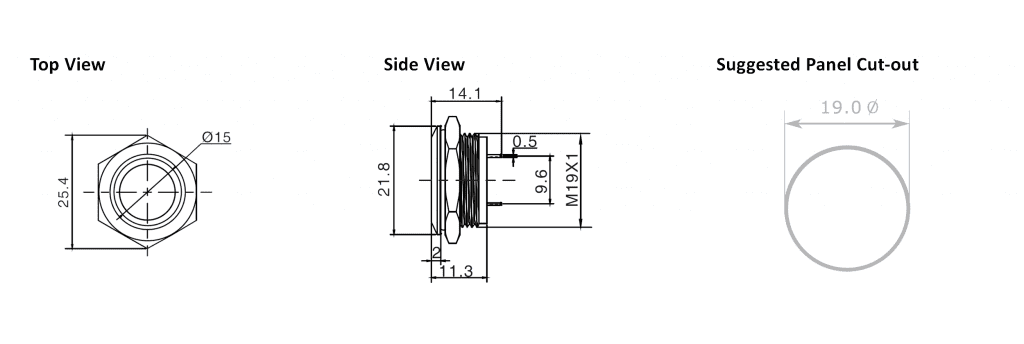 Drawing for 19mm antivandal switch, rjs electronics ltd