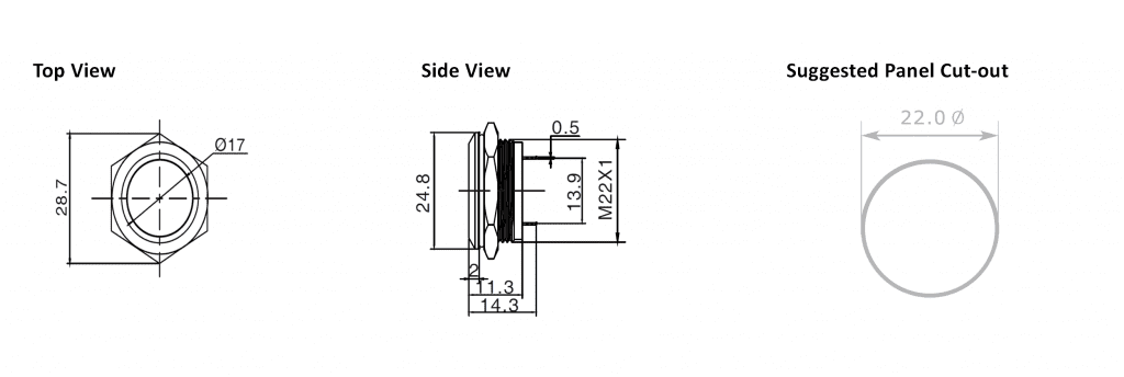 Drawing for 22mm antivandal push button switch, rjs electronics ltd