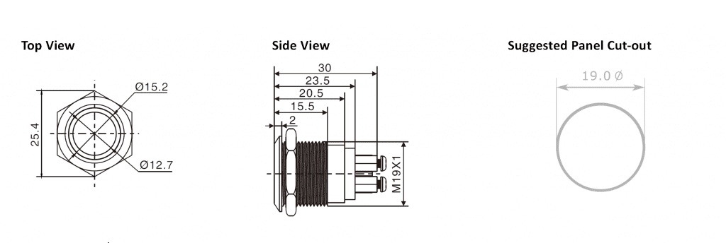 19mm antivandal push button switch with ring led drawing, rjs electronics ltd