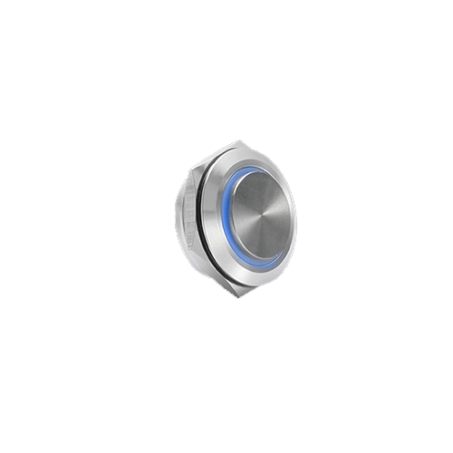 16mm low profile switch, panel mount push button switch, ring led illumination blue colour, brushed steel material, high head, rjs electronics ltd