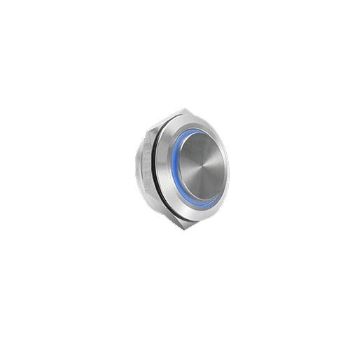 16mm anti-vandal low profile switch, panel mount push button switch, ring led illumination blue colour, brushed steel material, high head, LED SWITCHES, switch with illumination, metal RGB switches, rjs electronics ltd