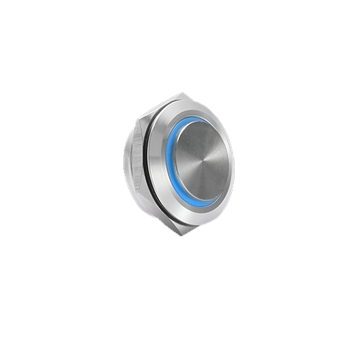 19mm low profile switch, panel mount push button switch, ring led illumination blue colour, brushed steel material, high head, rjs electronics ltd