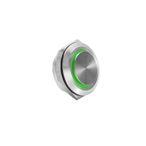 19mm low profile switch, panel mount push button switch, ring led illumination green colour, brushed steel material, high head, rjs electronics ltd