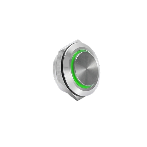19mm low profile anti-vandal switch, panel mount push button switch, ring led illumination green colour, brushed steel material, high head, LED SWITCHES, switch with illumination, metal RGB switches, rjs electronics ltd