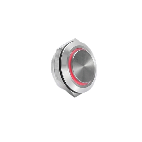 19mm low profile switch, panel mount push button switch, ring led illumination red colour, brushed steel material, high head, rjs electronics ltd