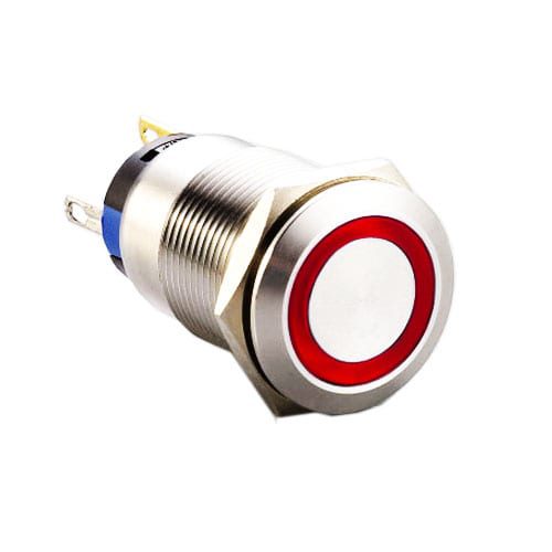 19mm metal push button switch with ring LED illumination, ball head, LED Switches, LED Illumination options, panel mount, LED Switches, LED Illumination options, RJS Electronics Ltd