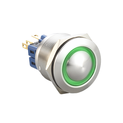 Metal Push Button switch, 25mm, Anti-vandal switch, switch with Ring LED illumination, switch with Illumiantion, single LED illumination, 1NONC, 2NONC, LED SWITCHES, RJS Electronics Ltd.