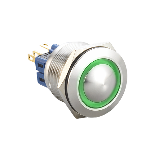 Metal Push Button switch, 25mm, Anti-vandal switch, switch with Ring LED illumination, switch with Illumiantion, single LED illumination, 1NONC, 2NONC, RJS Electronics Ltd.