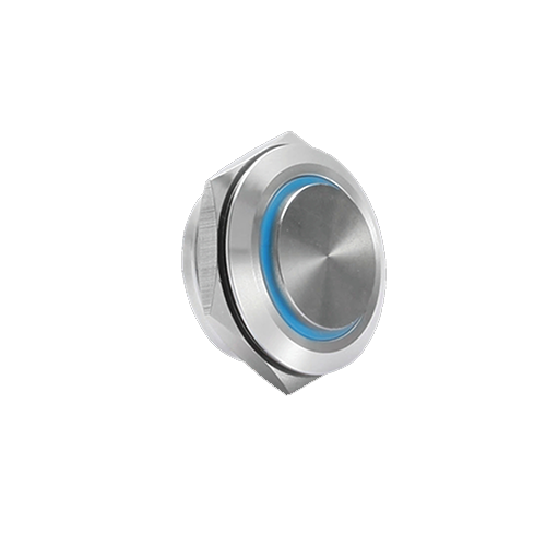 22mm low profile switch, panel mount push button switch, ring led illumination blue colour, brushed steel material, high head, rjs electronics ltd