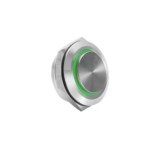22mm low profile switch, panel mount push button switch, ring led illumination green colour, brushed steel material, high head, rjs electronics ltd