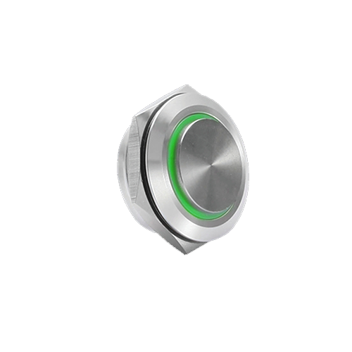 22mm anti-vandal low profile switch, panel mount push button switch, ring led illumination green colour, brushed steel material, high head, LED SWITCHES, switch with illumination, metal RGB switches, rjs electronics ltd