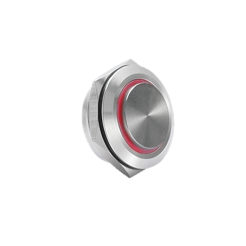 22mm low profile switch, panel mount push button switch, ring led illumination red colour, brushed steel material, high head, rjs electronics ltd