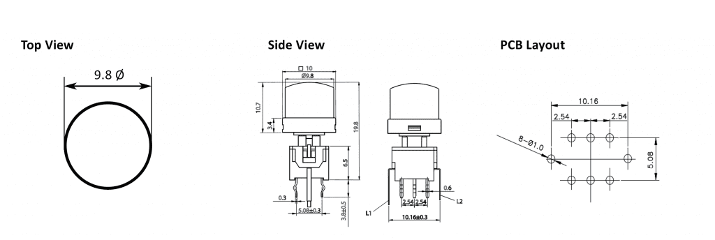 PB613 pcb switch technical drawing, rjs electronics ltd