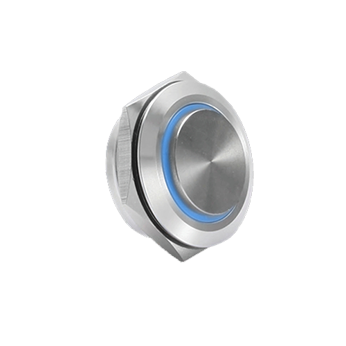 25mm low profile switch, panel mount push button switch, ring led illumination blue colour, brushed steel material, high head, rjs electronics ltd