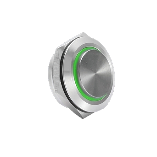 25mm low profile switch, panel mount push button switch, ring led illumination green colour, brushed steel material, high head, rjs electronics ltd