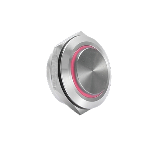 25mm low profile switch, panel mount push button switch, ring led illumination red colour, brushed steel material, high head, rjs electronics ltd