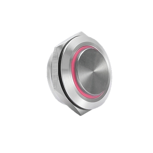 25mm low profile switch, panel mount push button switch, ring led illumination red colour, brushed steel material, high head, LED SWITCHES, switch with illumination, rjs electronics ltd